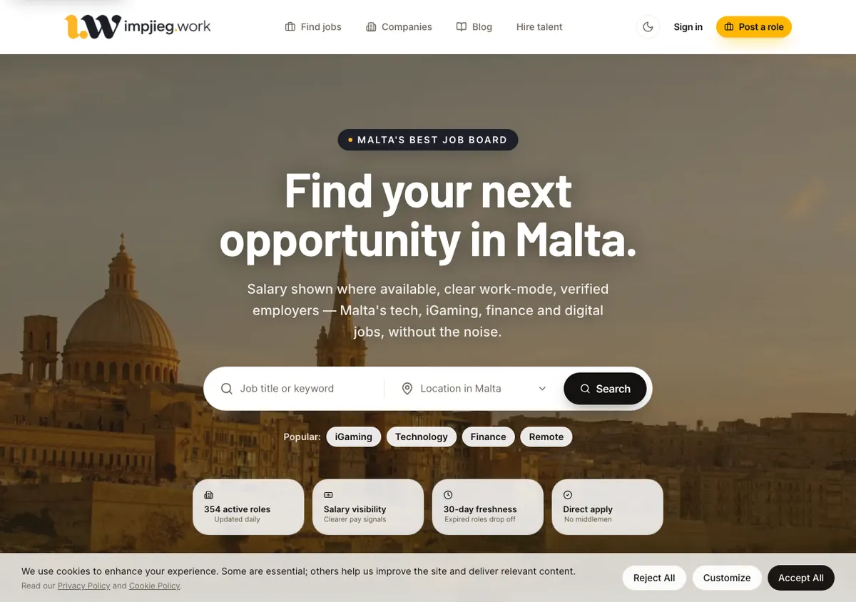 Impjieg job board homepage showing salary-first job listings