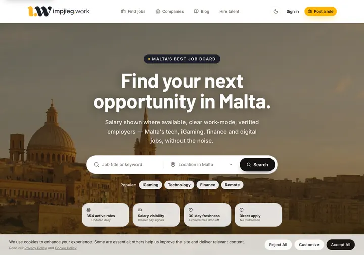 Impjieg job board homepage showing salary-first job listings